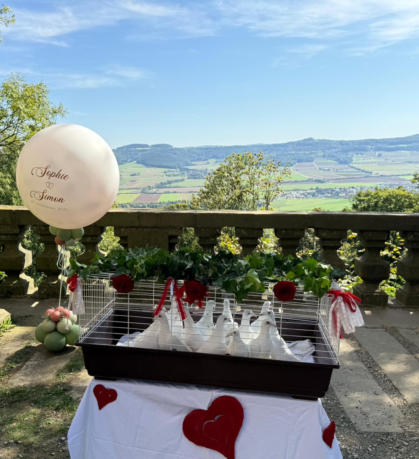 Hochzeitsdekoration mit einem Taubenkäfig auf einem mit einem weißen Tuch und roten Herzen bedeckten Tisch. Ein Ballon mit Namen schwebt in der Nähe; im Hintergrund sind sanfte Hügel zu sehen.